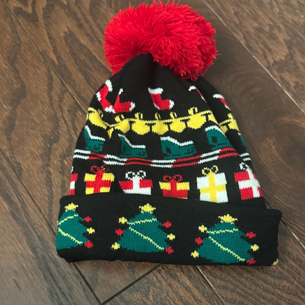 Festive Black and Red Kids Pom-Pom Beanie